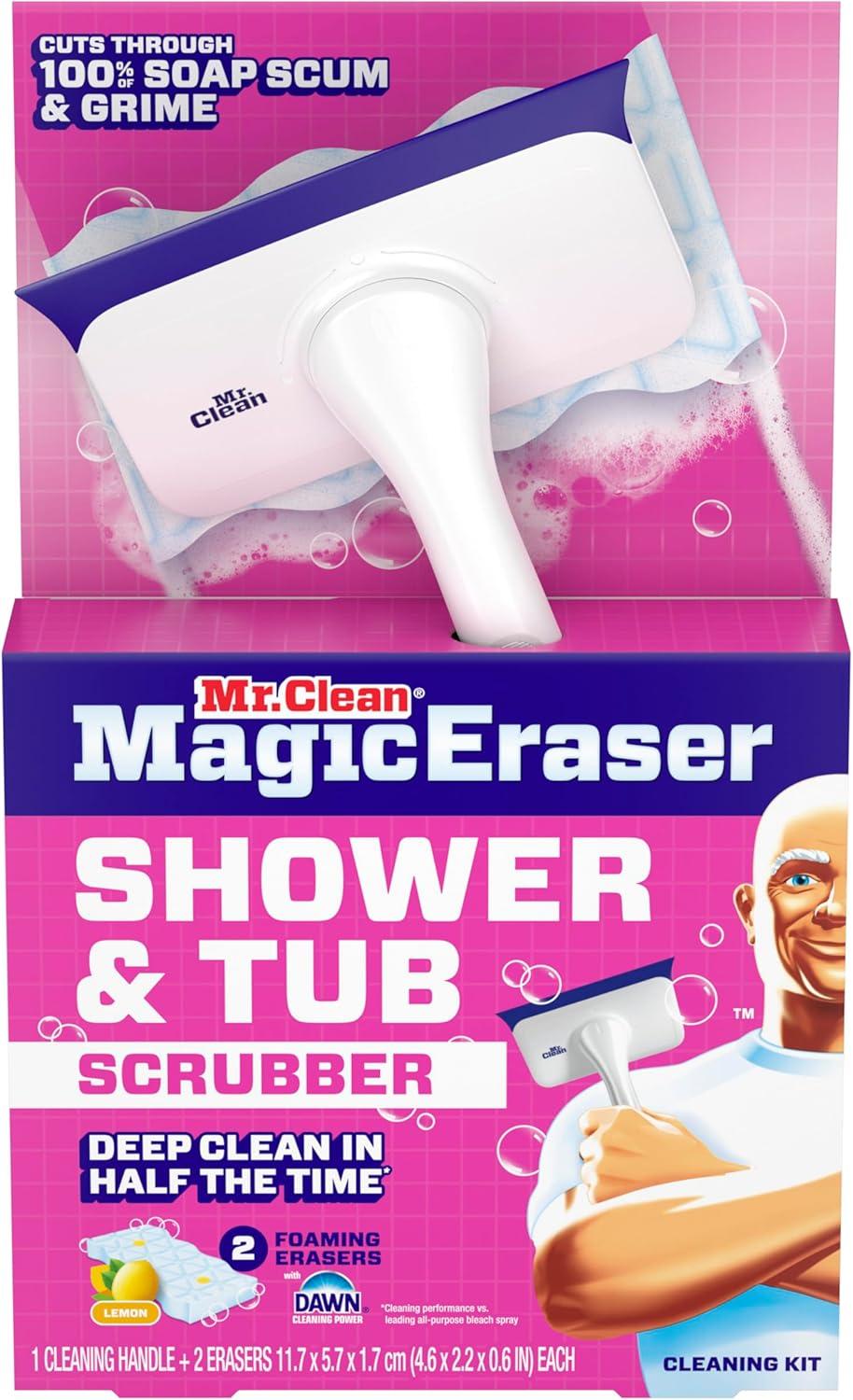 image:imageMr Clean Magic Eraser Shower amp Tub Scrubber Bathroom Cleaner All in One Bathroom Cleaner Lemon Starter Kit 1 Scrubber amp 2 Foaming Magic Erasers1 Device 2 Refills