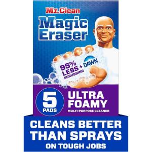 Mr. Clean Magic Eraser Foaming Sponge, All Purpose Cleaner, Dawn Cleaning Power, Wall Cleaner, Sneaker Cleaner, Oven Cleaner, Kitchen, Bathroom, Shower Cleaning Supplies, Scrubber, Ultra Foamy, 5ct(Original Version)