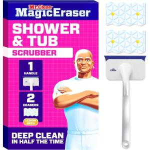 Mr. Clean Magic Eraser Shower & Tub Scrubber, Bathroom Cleaner, All in One Bathroom Cleaner, Lemon Starter Kit, 1 Scrubber & 2 Foaming Magic Erasers(1 Device + 2 Refills)