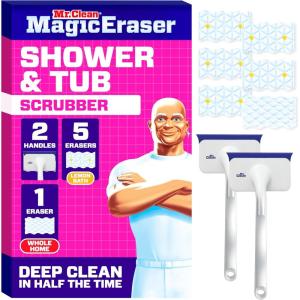 Mr. Clean Magic Eraser Shower & Tub Scrubber, Bathroom Cleaner, All in One Bathroom Cleaner, Lemon Starter Kit, 1 Scrubber & 2 Foaming Magic Erasers(2 Devices + 6 Refills)
