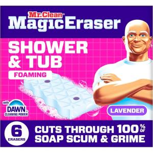 Mr. Clean Magic Eraser Sponge, Bathroom Cleaner, Shower Cleaner, Tub Cleaner, Soap Scum Remover, Bathroom Cleaning Supplies, Dawn Cleaning Power with Febreze Lavender Scent, 5ct(Upgraded Version)