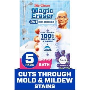 Mr. Clean Magic Eraser Sponge, Bathroom Cleaner, Shower Cleaner, Tub Cleaner, Soap Scum Remover, Bathroom Cleaning Supplies, Dawn Cleaning Power with Febreze Lavender Scent, 5ct(Original Version)