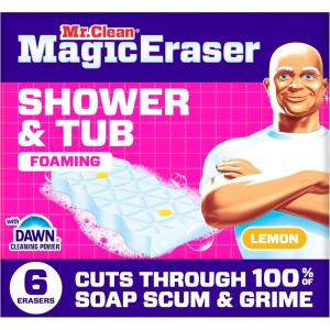 Mr. Clean Magic Eraser Sponge, Bathroom Cleaner, Shower Cleaner, Tub Cleaner, Soap Scum Remover, Bathroom Cleaning Supplies, Dawn Cleaning Power with Lemon Scent, 2 in 1 Bath, 5ct(Upgraded Version)