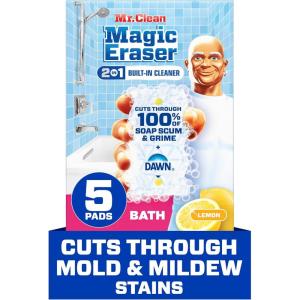 Mr. Clean Magic Eraser Sponge, Bathroom Cleaner, Shower Cleaner, Tub Cleaner, Soap Scum Remover, Bathroom Cleaning Supplies, Dawn Cleaning Power with Lemon Scent, 2 in 1 Bath, 5ct(Original Version)